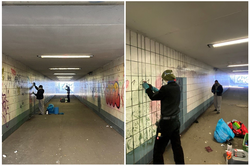 Das Foto zeigt eine Collage aus Bildern einer Reinigungsaktion in einer Unterführung Das Foto zeigt eine Collage aus Bildern einer Reinigungsaktion in einer Unterführung